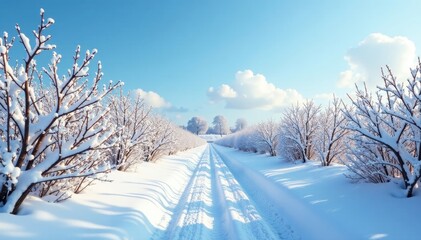Obraz premium Serene winter landscape with snow-covered vines and blue sky, landscape, still life, calm