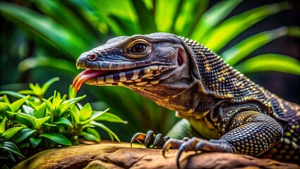 Obraz premium Close-Up of Monitor Lizard on Rock in Terrarium, Dark Reptile, Forked Tongue, Green Plants