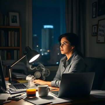 Mujer hispana pensando mucho mientras est&aacute; sola en su oficina por la noche