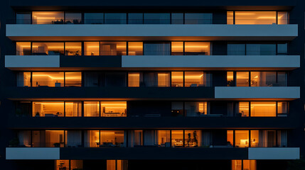Night city apartment building illuminated windows