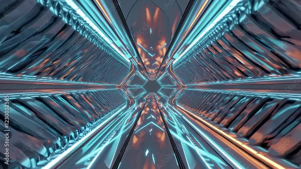 Poster glowing neon lights illuminating a futuristic metallic corridor, creating a captivating visual journ