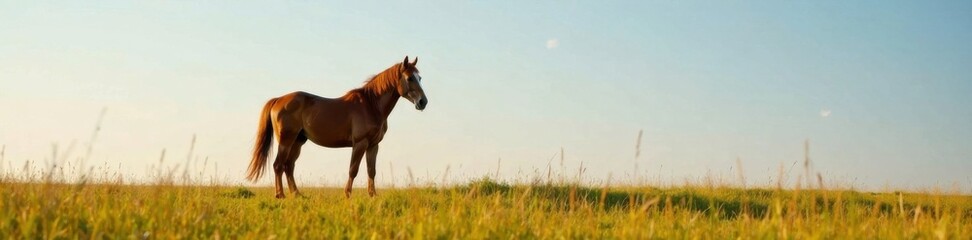 Obraz premium Horse standing alone in the field, grassy field, countryside