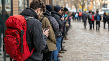 Long Line of People Waiting Outside Job Center with Smartphones in Urban Setting