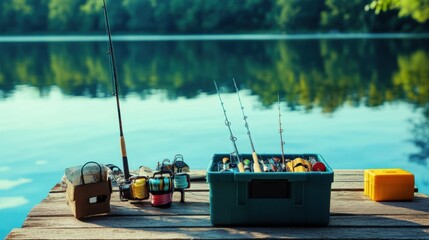 Simple fishing tackle box with rods, lures, and bait on a dock by a calm lake, emphasizing relaxation and patience. Ideal for outdoor and recreational content.
