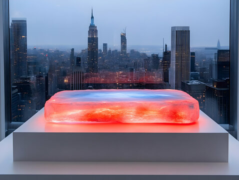 Illuminated sculpture, city view, skyscraper backdrop
