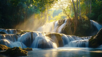 Sunlit Waterfall in Lush Jungle, Tranquil Scene