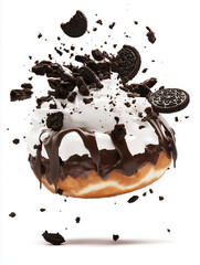 Oreo Donut with Chocolate and Vanilla Glaze, Isolated on White  
