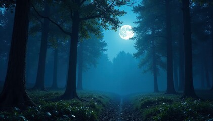 Twinkling moonlight filtering through dense woodland foliage cast silver shadows on forest floor, lunar, mystical, trees