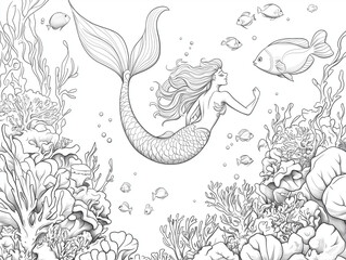 Beautiful Mermaid Swimming Underwater - Coloring Page for Kids and Adults  
