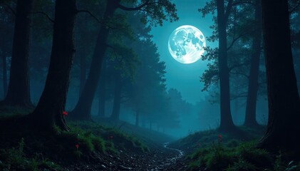 Fototapeta premium A full moon casts an eerie glow on ancient woods, forest at night, darkness reigns