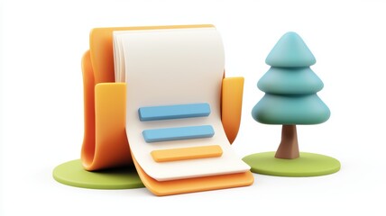A colorful folder with a document spilling out, accompanied by a stylized tree, representing organization and nature.