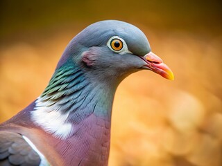Close-up Side Profile of Wood Pigeon, Brown Dirt Background - Tilt-Shift Photography
