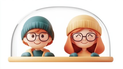Two cheerful cartoon characters with glasses, wearing colorful beanies, enclosed under a glass dome, exuding a playful and whimsical vibe.