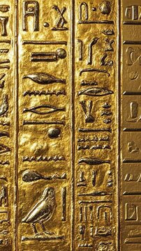 Ancient Egyptian hieroglyphics carved on a golden surface showcasing detailed symbols and artistry