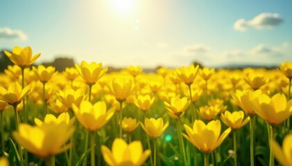Fototapeta premium A sea of bright yellow flowers in a sunny field, sunshine, sun, warm