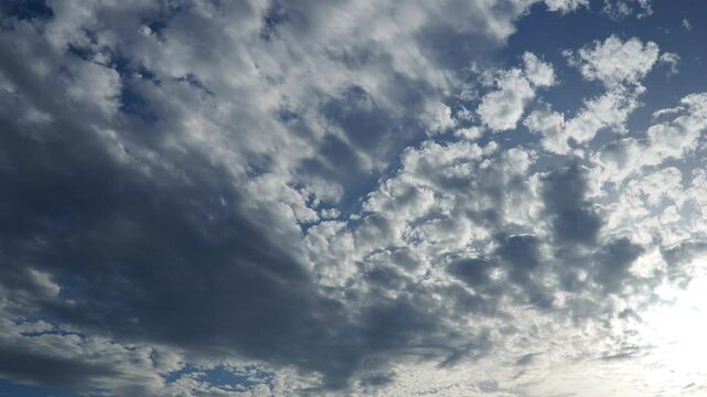 Altocumulus high cumulus heaped cloud genus belongs to stratocumuliform. Globular masses or rolls in layers or patches. Cumuliform stratocumuliform clouds, altocumulus signifies convection. Blue sky.