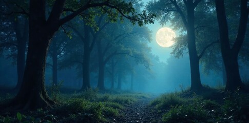 Obraz premium Twinkling moonlight filtering through dense woodland foliage cast silver shadows on forest floor, mystical, forest