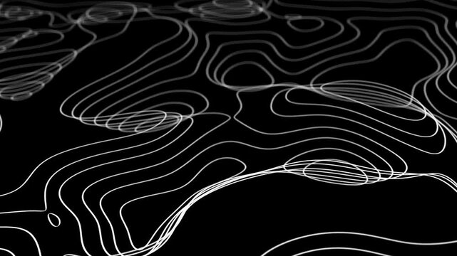 Waving terrain abstract technology background. Abstract animated outline topographic contour map. Seamless loop fractal lines background. Looping topographic visualization of mountain