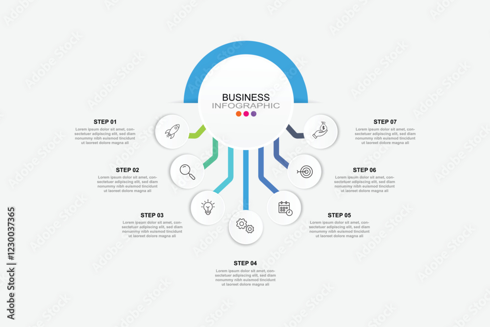 Poster Modern Circular Round Infographic Design Template with 7 options. for your business data. Vector Illustration