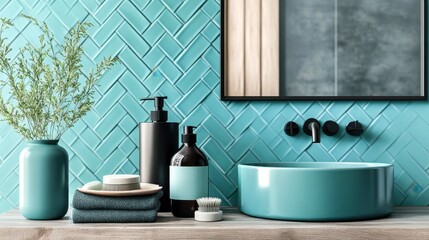 Fototapeta premium Modern bathroom decor, serene turquoise hues, minimalist accessories, stylish arrangement, perfect for wellness themes.