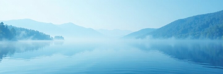 Obraz premium Light blue abstract mist rising from a calm lake surface, atmosphere, mist