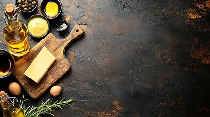 Cooking ingredients, dark background, culinary preparation, recipe