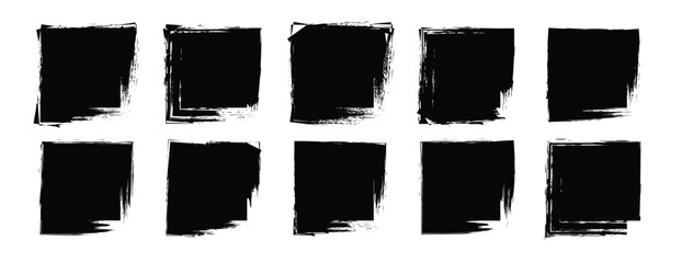 Black ink brush strokes and banners. Grunge overlay frame. Rectangular border with grunge overlay. Grunge border set. Vector illustration.