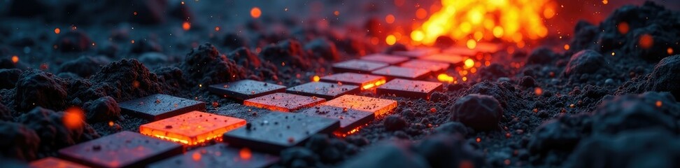 colorful tiles scattered on the ground amidst a volcanic eruption, volcanic ash, fiery