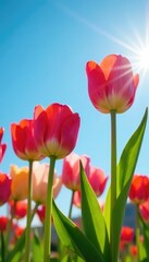 Colorful spring tulips shining brightly against blue sky, colored flowers, tulip