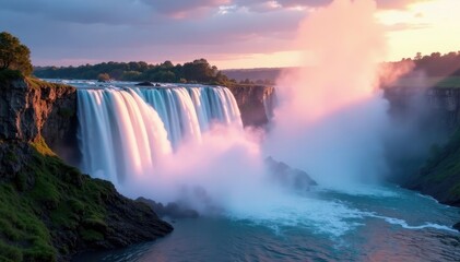 Fototapeta premium Colourful mist rising from the base of a majestic waterfall, nature, waterfall scene, landscape