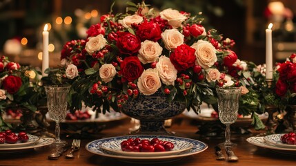 A Valentines buffet with elegant decor and floral accents