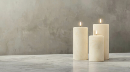 Minimalist Arrangement of Three Pillar Candles on a Light Marble Surface with Soft Lighting
