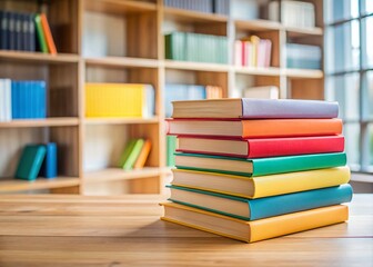 Fototapeta premium Colorful Book Stack Minimalist Modern Library Wooden Table