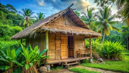 Traditional Southeast Asian home in a rustic setting with a wooden door and overhanging roofline, surrounded by lush greenery , vintage nipa hut, rural landscape