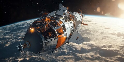 Exploration of distant worlds through the shimmering lens of a spacecraft orbiting the serene moon. Generative AI