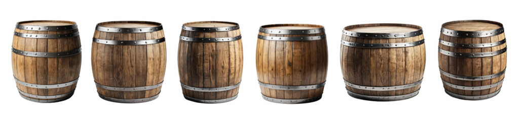 Obraz premium Collection of wooden barrels with metal rings isolated on white background.