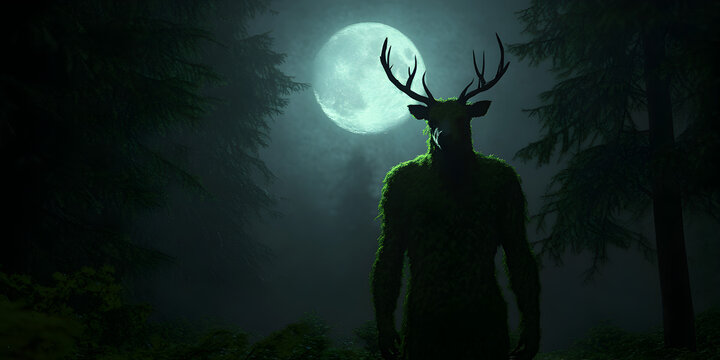 A towering, moss-covered humanoid figure with the head of a deer, standing beneath a full moon in an enchanted grove.