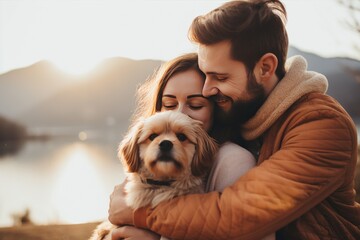 Young couple hugging their adorable dog while enjoying a beautiful day surrounded by mountains, expressing love and happiness in a serene natural setting