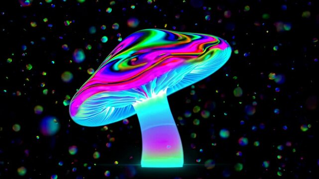 Colorful psychedelic mushroom with swirling, iridescent cap and glowing stem, surrounded by floating colorful bubbles against a dark background, creating a vibrant and surreal atmosphere