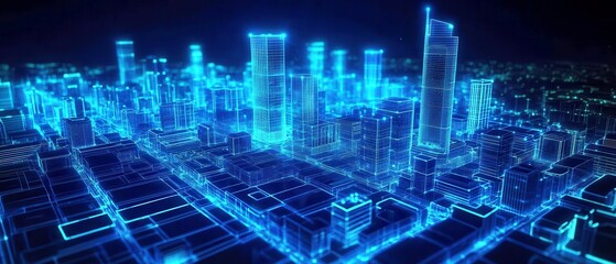Obraz premium Futuristic city skyline, vibrant blue and neon lights illuminating modern buildings, highlights urban innovation and technology.