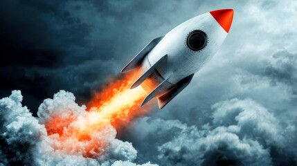 Rocket launching into the sky, vibrant flames and smoke billowing, represents innovation and exploration in technology.