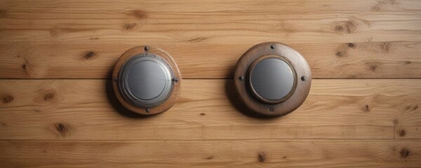 Fototapeta premium Minimalist metal badge with a circular pin attached to a wooden background, modern design, badge, circular