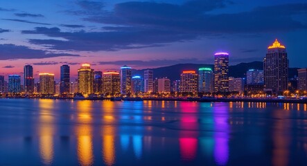 Obraz premium Twilight cityscape with colorful lights reflecting on water