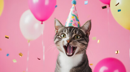 Happy, smiling cat in a birthday hat, celebrating with confetti and balloons on a pink background