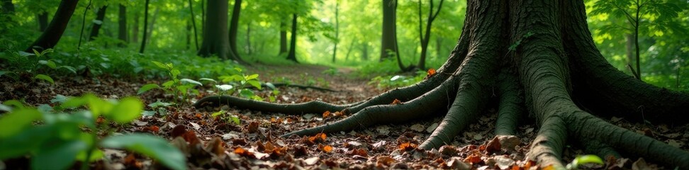 Large black walnut tree roots visible through forest floor, kent county, wild growth, rock hall
