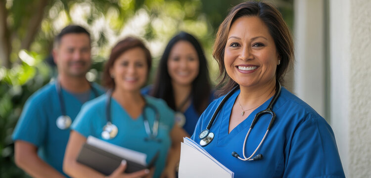 Hispanic female nurse smiling with colleagues in blue scrubs outdoors