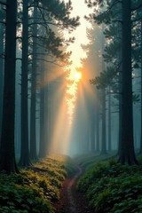 Misty forest with tall trees and soft glow , forest, natural light, glow