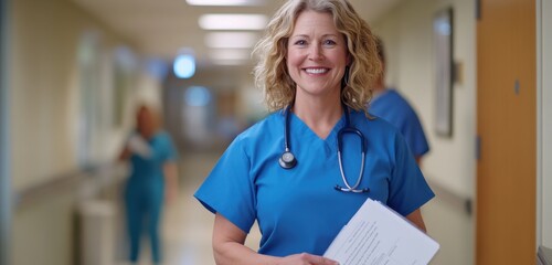 Smiling caucasian female nurse in blue scrubs in hospital corridor