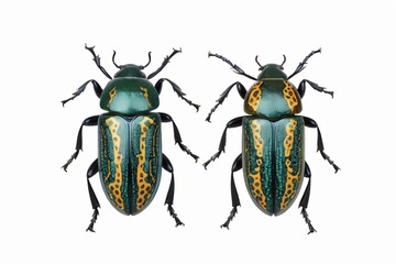 two green and yellow beetles are standing next to each other