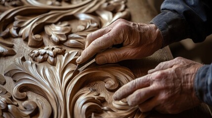 Woodcarving Masterpiece: Hands Shaping Intricate Detail
